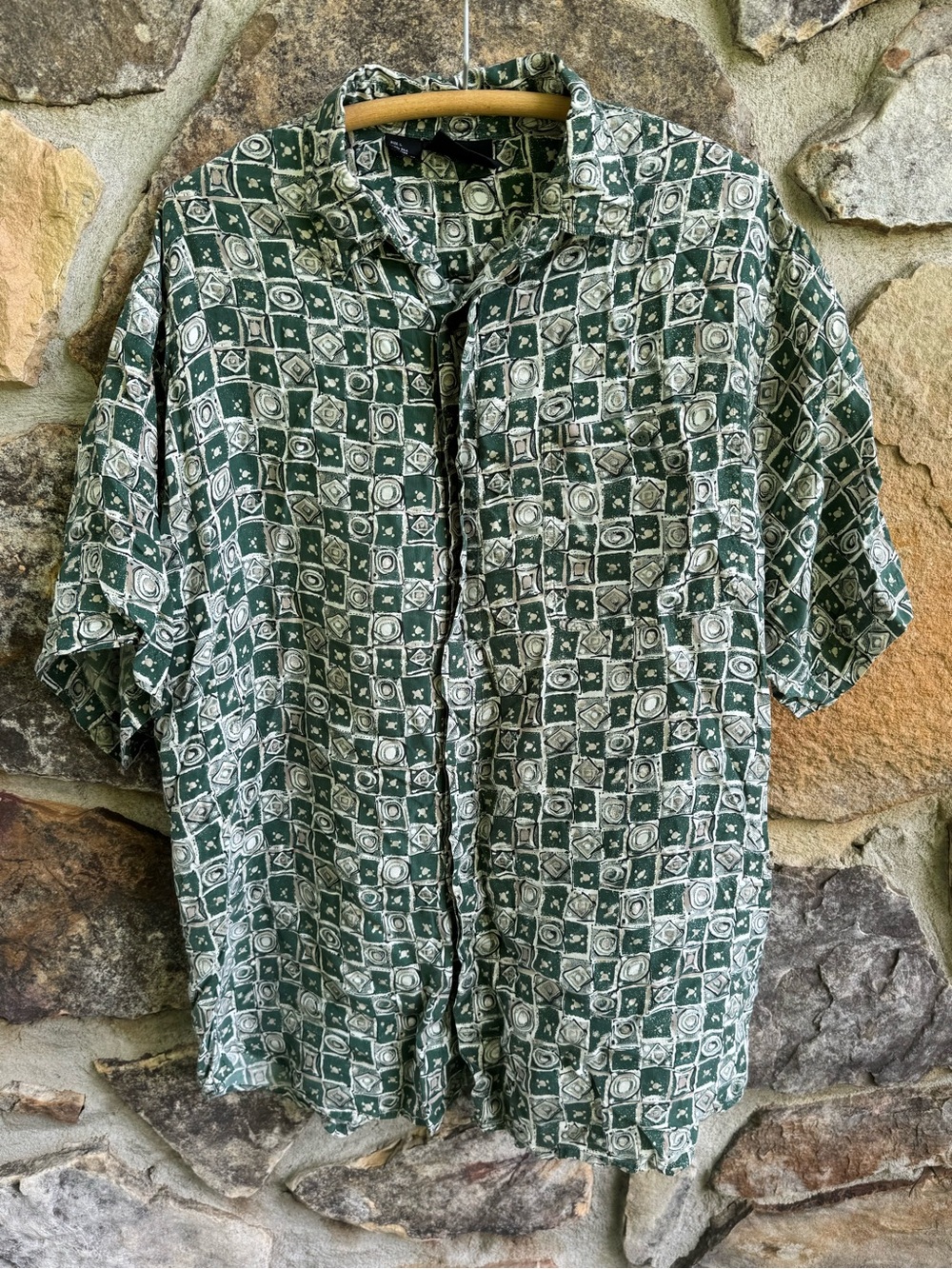 Vintage 90s 100% Silk Green Geometric Print Shirt Men’s L Eclectic Grandpa